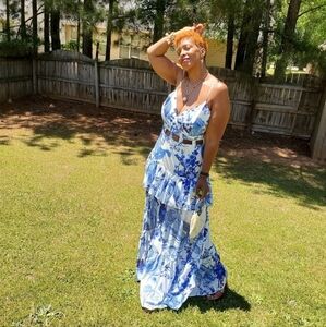 Elegant Blue and White Floral Maxi Dress